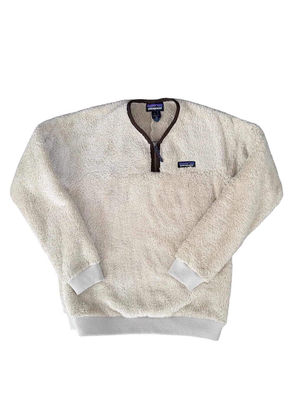Warm Cozy Patagonia Women’s Cream Sherpa Zip-Neck Sweater with Brown Trim Size S